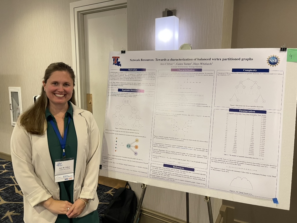 Ann Clifton standing next to her poster, Network Resources: Towards a characterization of balanced vertex partitioned graphs, at the AWM Graduate Student Poster Session at JMM 2025 in Seattle.